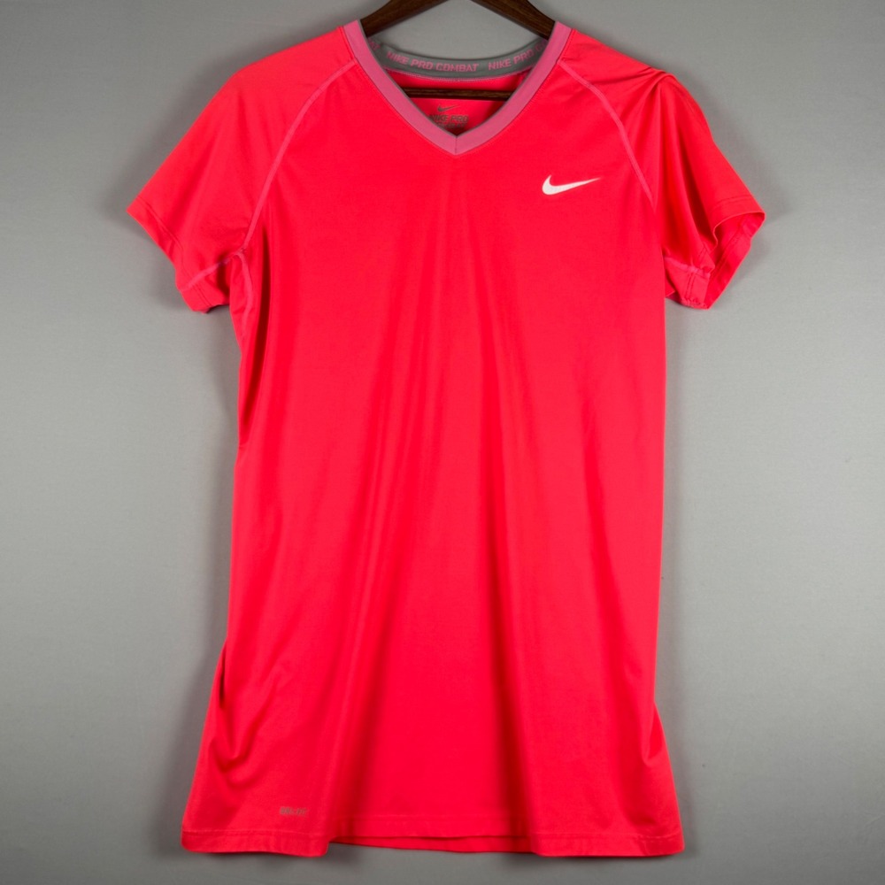 Nike Pro Combat Dri-FIT Shirt Womens XL Neon Pink Coral Excellent Fitted V-Neck